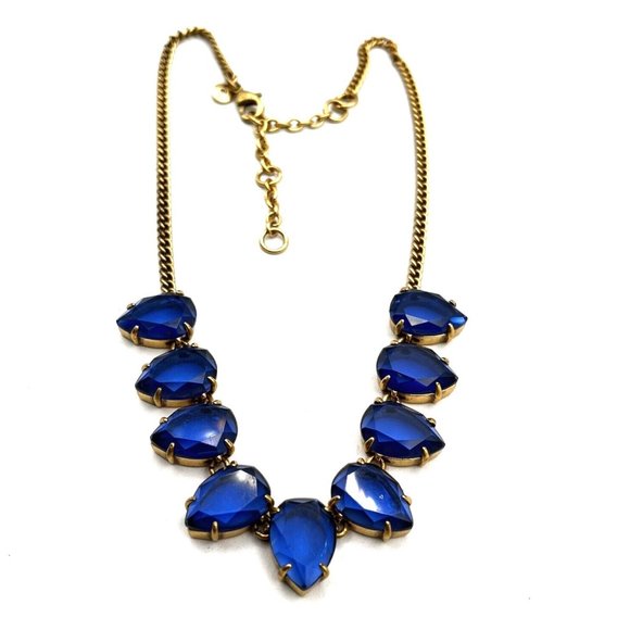 J. Crew Collar Necklace Blue Faceted Glass Rhinestone Statement Necklace 18" - Picture 4 of 8